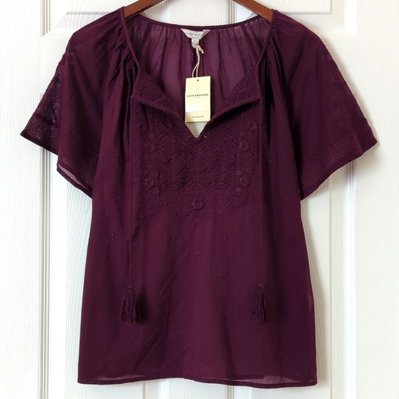 Lucky Brand Boho Embroidered Woven Cotton Flutter Sleeve Blouse Plum Purple S - Picture 1 of 12